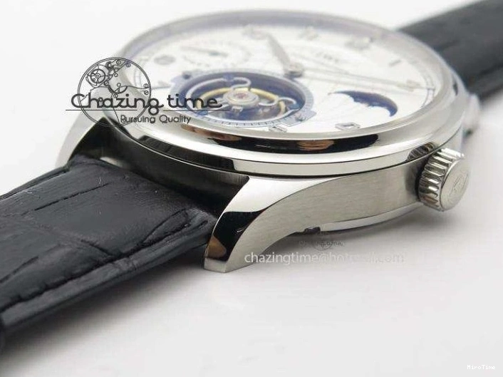 MIROTIME 0518 UrbanStyle Portuguese Tourbillon Power Reserve Moonphase SS White Dial On Black Leather Strap 7318
